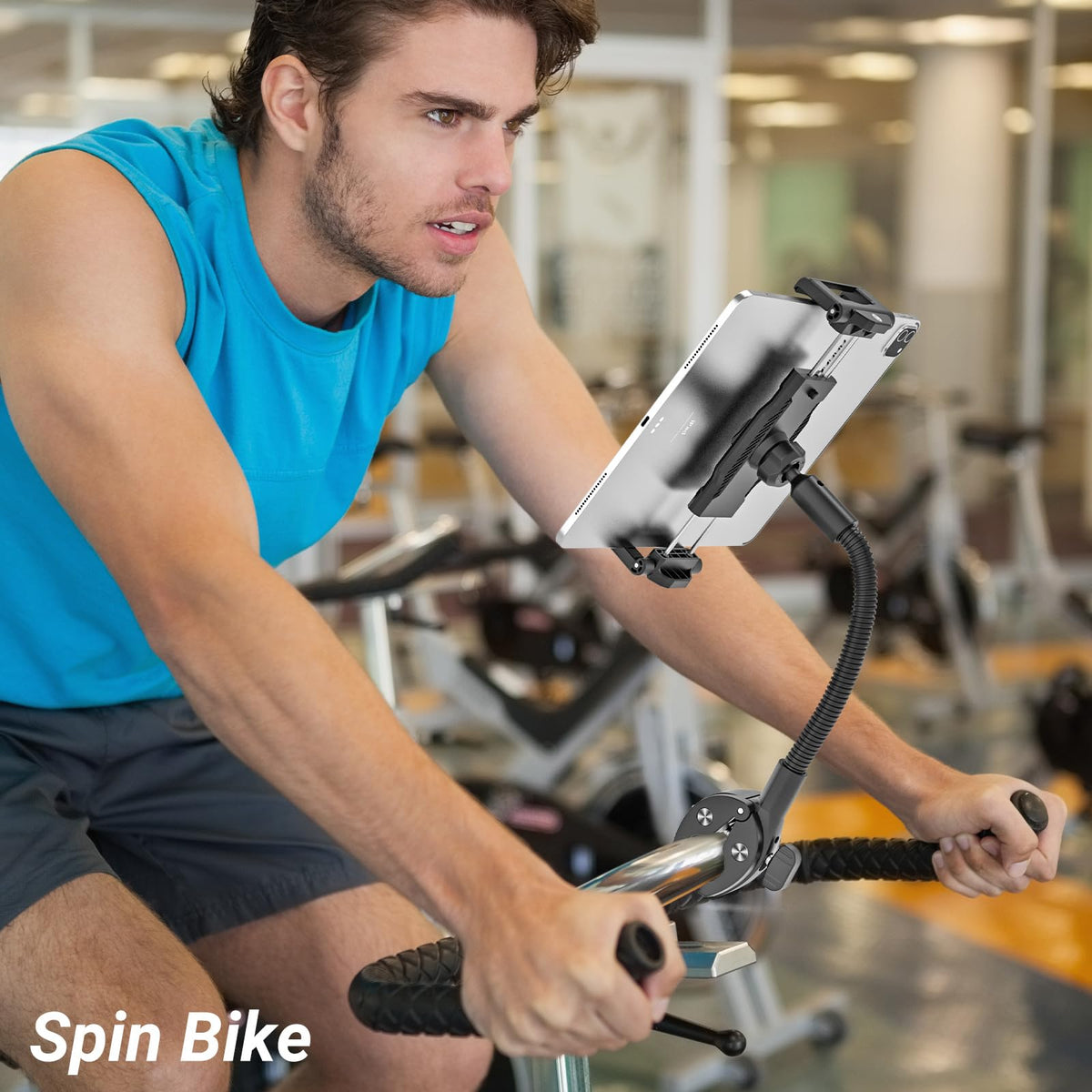 INSSKY All-Metal Gooseneck Spin Bike Tablet Holder, Mount for Exercise/Stationary Bike, Elliptical, Peloton, 360° Flexible Long Arm, Heavy-Duty No-Shake, Fit for iPad Pro/Air/Mini & 6.1-15.6" Devices