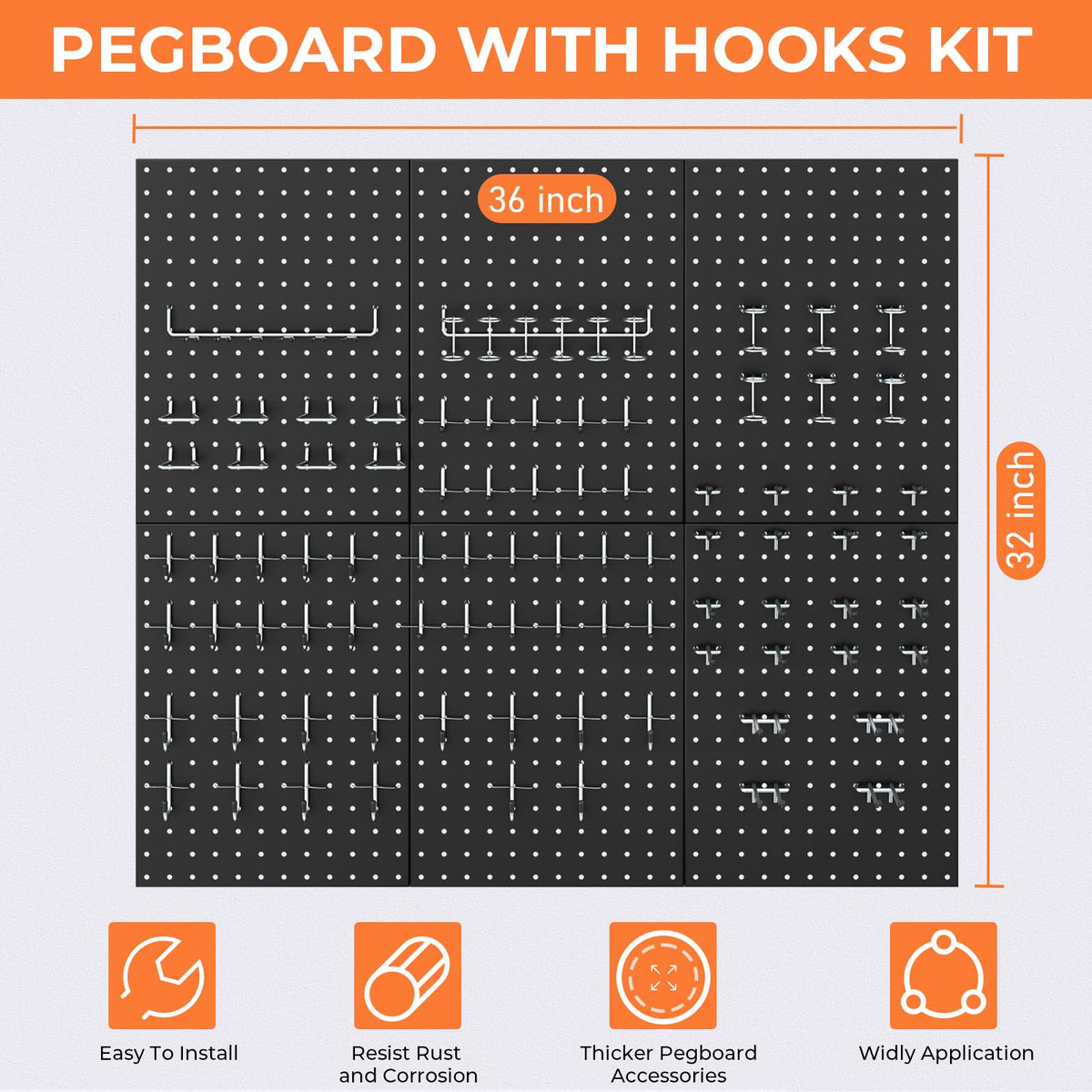 INCLY 90PCS Pegboard Wall Organizer, 6 Pack Metal Peg Board Panels with 1/4" Pegboard Hooks Accessories Kit, Black Peg Board for Walls Home, Garage Tool Storage, Workbench Organization