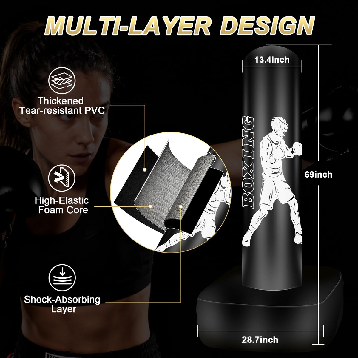 Vobab Freestanding Punching Bag with Stand for Adults Teens, Heavy Boxing Bag, 70" Boxing Equipment Bag Kickboxing Bag, Women Men Heavy Bag for Beginners Muay Thai MMA Training Fitness
