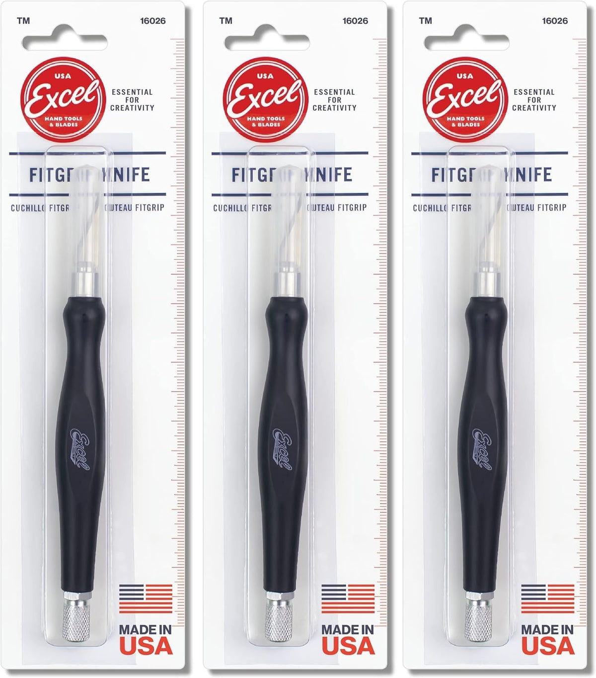 Excel Blades Fit Grip Craft Knife 3-Pack With #11 Ultra-Sharp Carbon Steel Angled Blade – Precision Hobby Knife with Contoured Rubberized Grip for DIY, Art Crafts – Black, Made in the USA