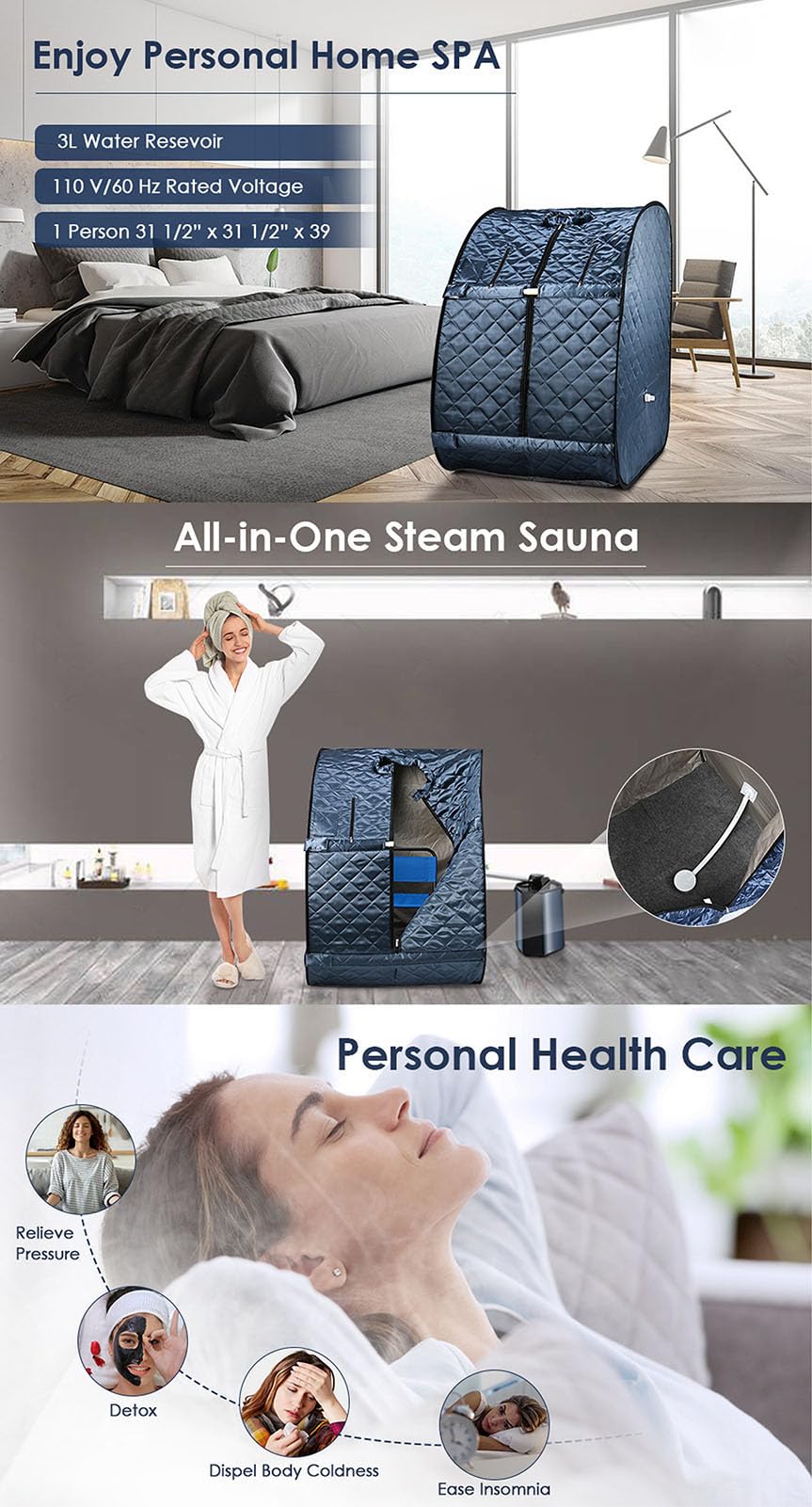 MFYDPP Portable Steam Sauna Tent, Folding Personal Full Body Spa Home Sauna,with 1000W 3L Sauna Steamer, Remote Control, Folding Chair