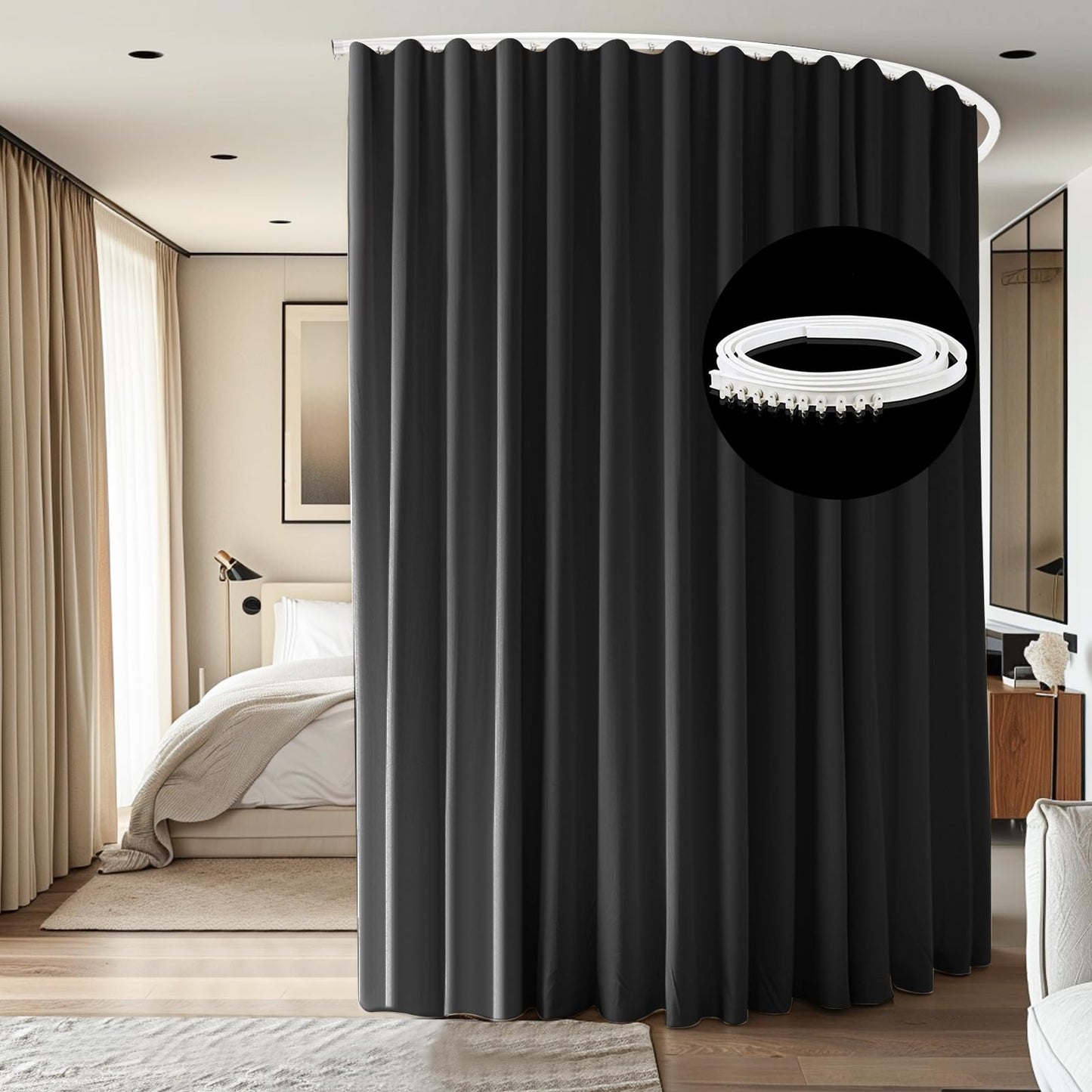 cbsroro Room Divider Curtains Ceiling Mounted Track Sets Extra Wide Blackout Curtain Flexible Tracks for Bedroom Privacy Partition Separator, 1 Panel Black Drape and White Rail, W8.3 x H7ft