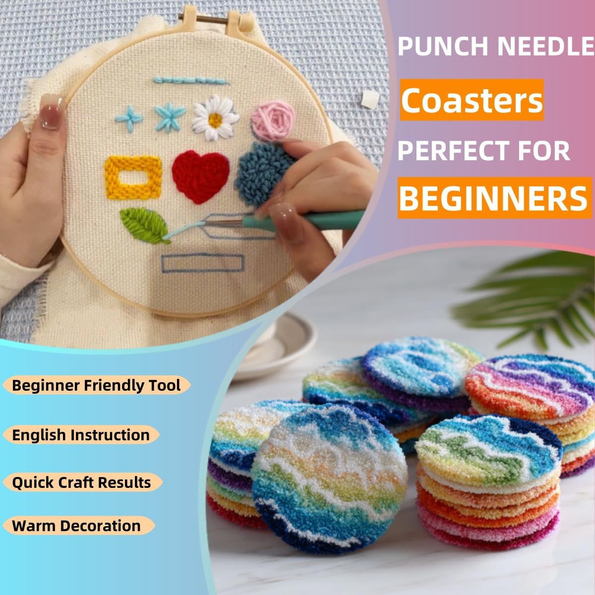 6PCS Punch Needle Coaster Kit Chick Roosters Easy for Beginners Stress Relief Craft Set with Hoop Yarn & Patterns DIY Embroidery Mug Rug Kit for Adults Kids Home Decor-2