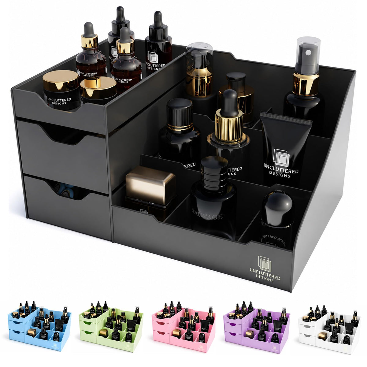 Uncluttered Designs Large Black Vanity Organizer - Countertop Mens Organizer With Drawers for Cologne, Deodorant, Beard, Shaving Lotion, Perfume & Skincare - Perfect for Bathroom & Bedroom Storage
