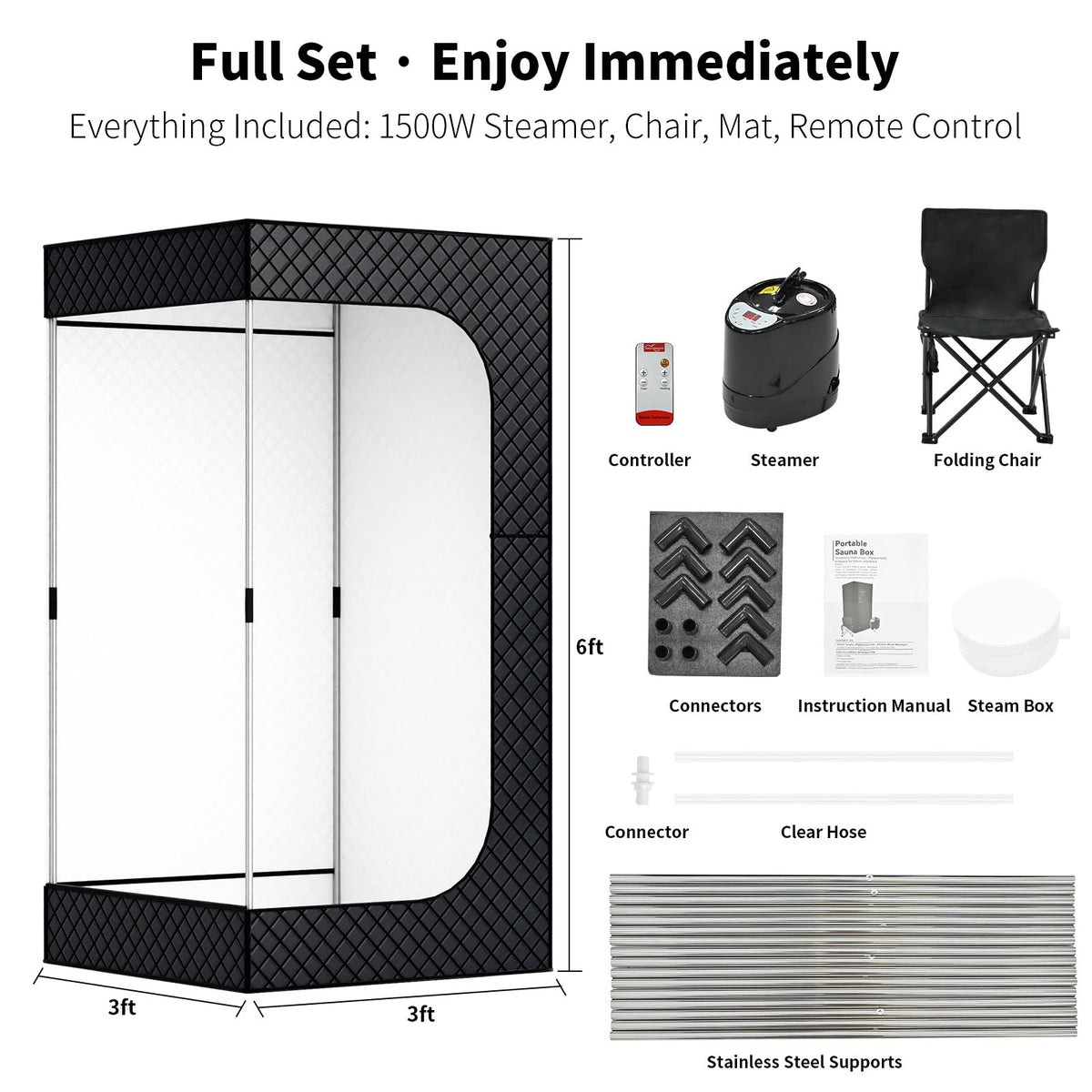 Dikutar Sauna Box - Portable Sauna for Home with Upgraded 3L 1500W Steamer, Folding Chair and Non-Slip Mat for Relaxation Spa, 5-Layer Waterproof and Insulated Steam Tent, 3x3x6ft, Larger (Black)