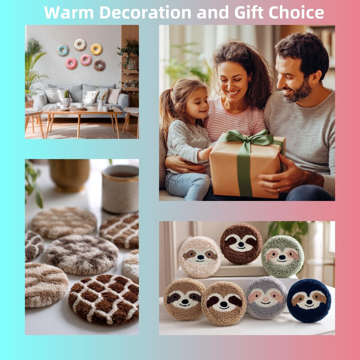 6PCS Punch Needle Coaster Kit Merry Christmas Theme Easy for Beginners Stress Relief Craft Set with Hoop Yarn & Patterns DIY Embroidery Mug Rug Kit for Adults Kids Home Decor-2