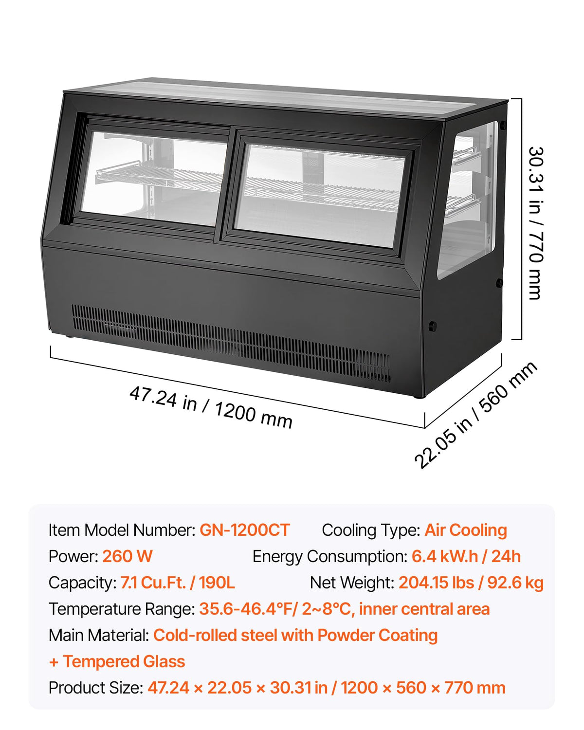 VEVOR Refrigerated Display Case, 7.1 Cu.Ft./190L Countertop Pastry Display Case, 2-Tier Commercial Cake Refrigerator with LED Lighting, TURBO Cooling, Frost-Free Air-Cooling, for Bakery, Dessert Shop