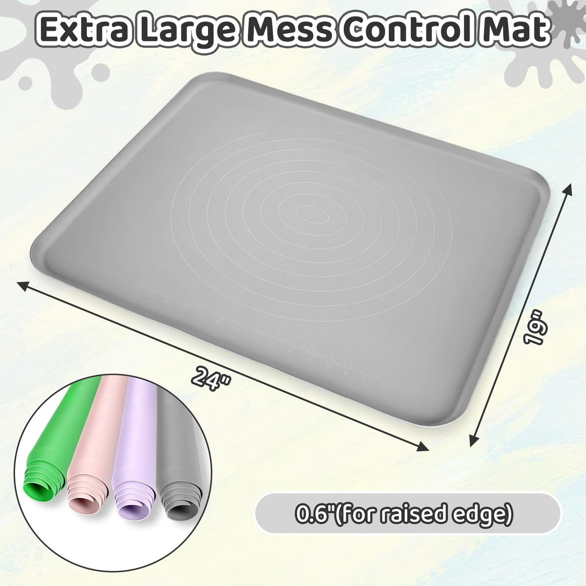 Extra Large Silicone Painting Mat for Crafts, 24”x 19” Waterproof Art Mat with Raised Sides for Paint, Clay Playdough, & Jewelry-Making (Grey)