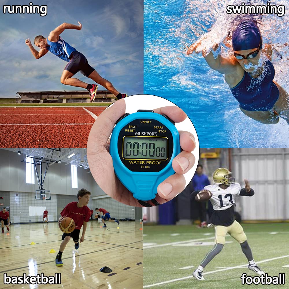 MUSHPORT Waterproof Stopwatch Timer Only Stopwatch Mode, ON/Off Silent Large Display Simple Operation, Without Clock Date Countdown, Digital Stop Watch for Sports Coaches, Blue