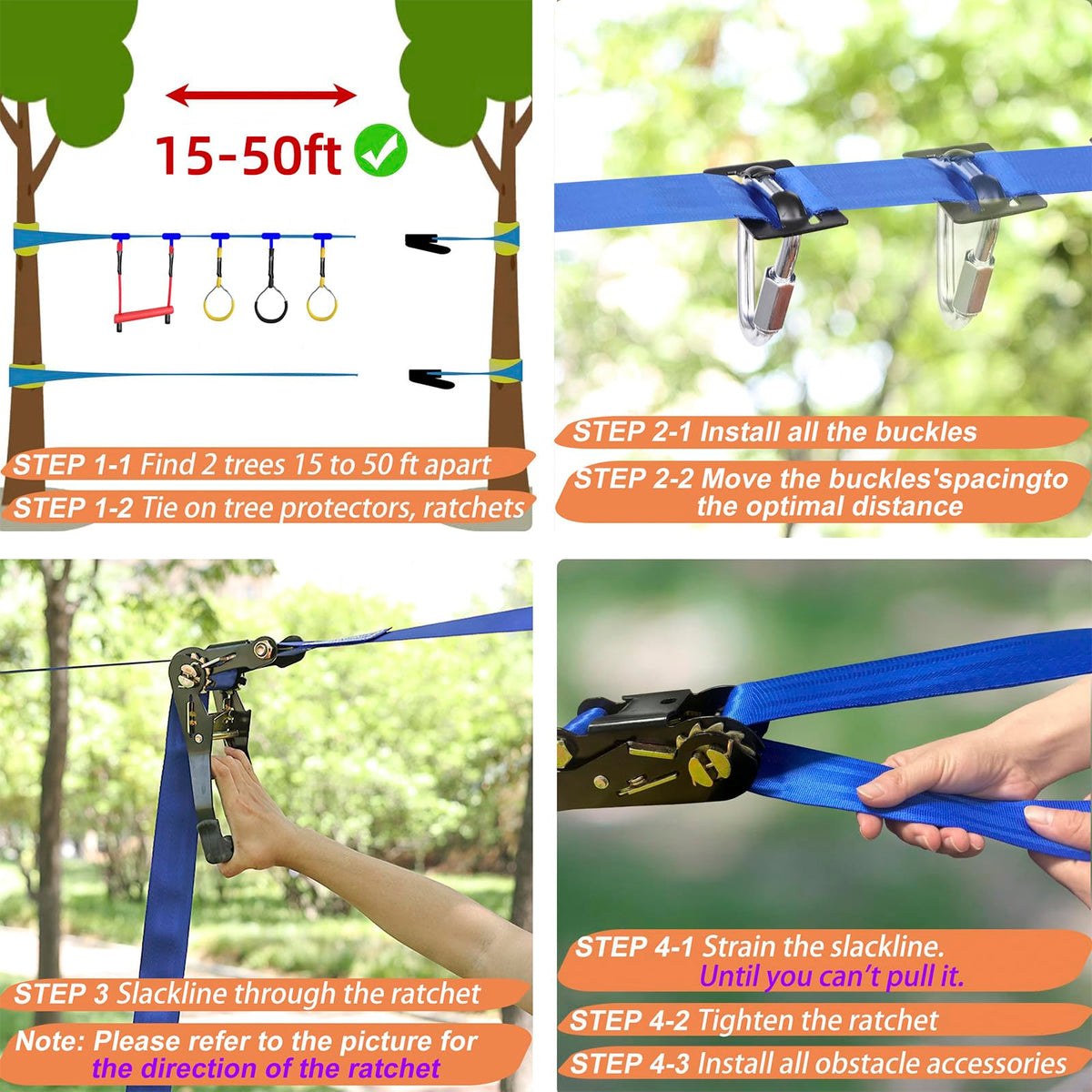 Ninja Warrior Obstacle Course for Kids Backyard-65ft Slackline Kit with 13 Obstacles, Upgraded Quick-Install Buckles No Threading, Install Anywhere, 900lbs Capacity, Easy Setup Backyard Playground Set