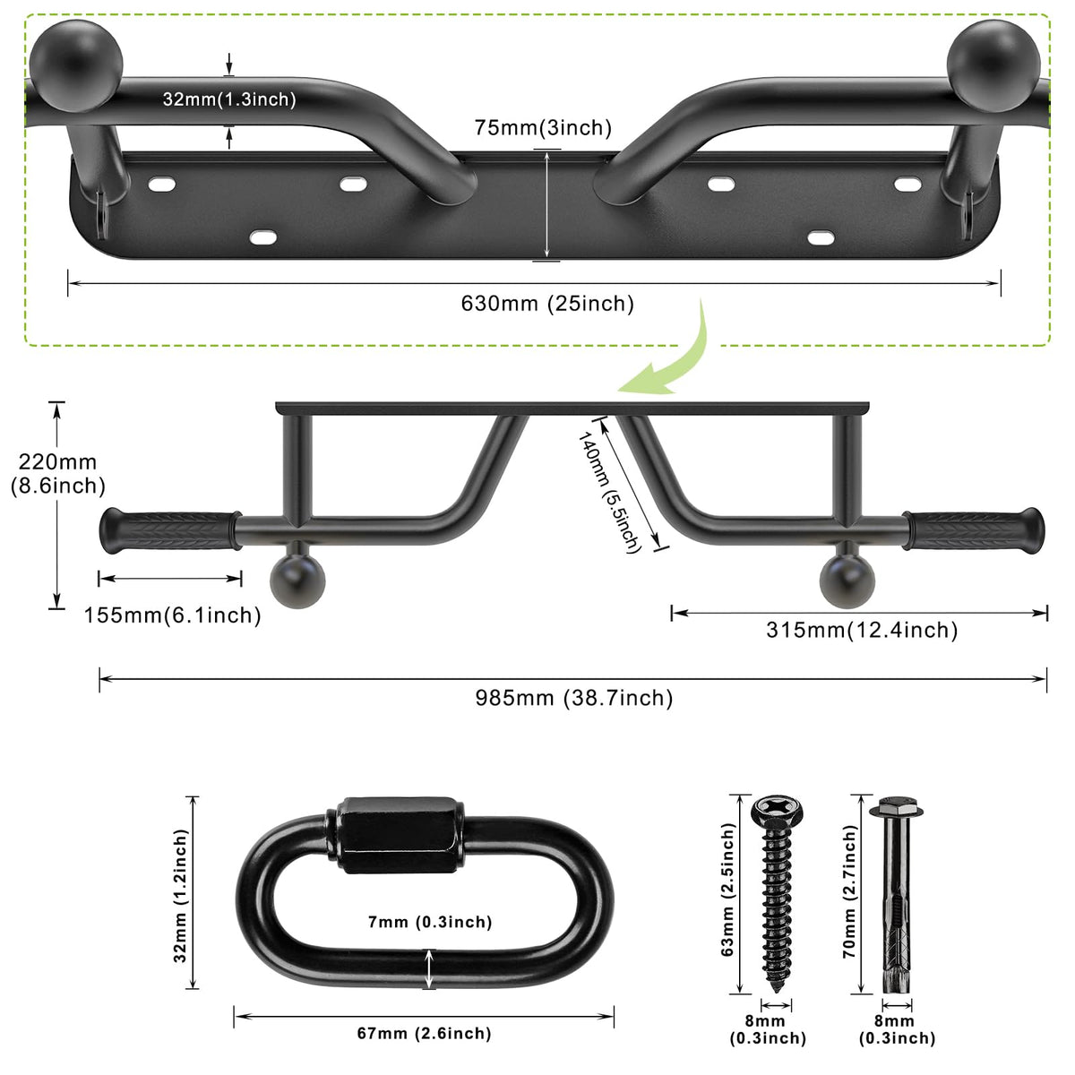 BeneLabel Wall Mounted Pull Up Bar 440 LBS Capacity Multifunctional Doorway Pullup Bar Beam or Joist Mount Chin Up Bar with Resistance Band Hooks and Ball Finger Training