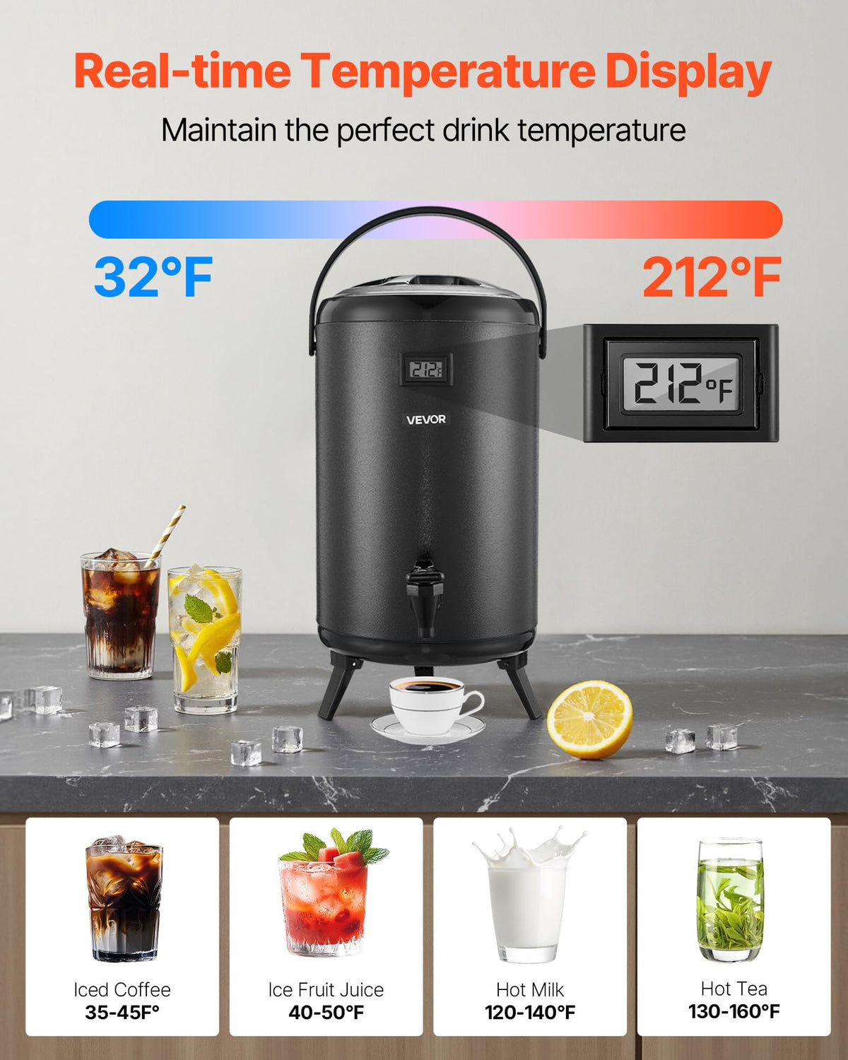 VEVOR Insulated Beverage Dispenser, 3.2 Gal/12L Stainless Steel Thermal Drink Server with Spigot & Temp Display, Suitable for Hot and Cold Drinks, for Tea Coffee Water in Cafes & Restaurants, Black