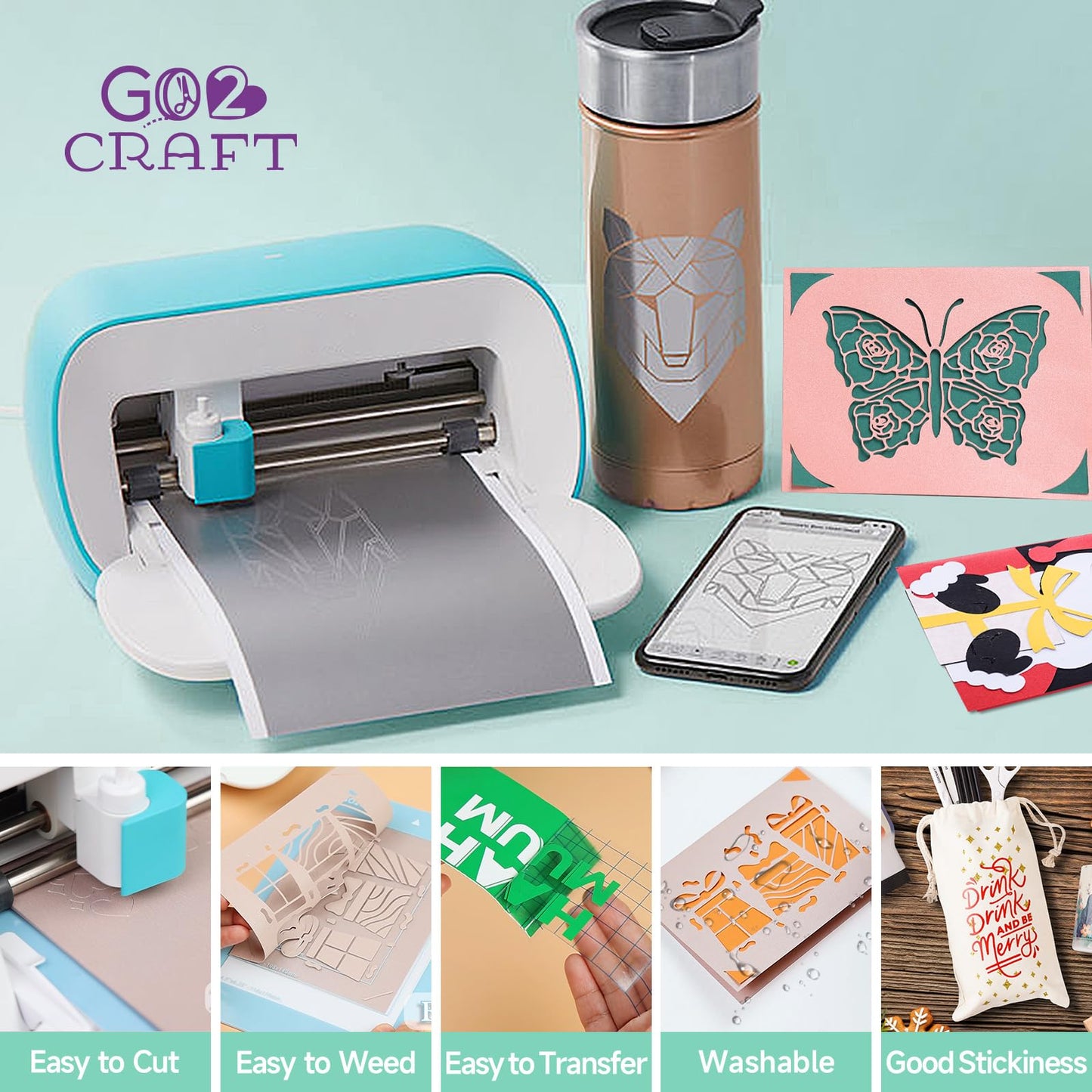 GO2CRAFT Accessories Bundle, 70Pcs Ultimate Accessories and Supplies with Adhesive Vinyl Sheets, Folded Card Stock, Card Mat, Weeding Tools, Crafting Starter Kit