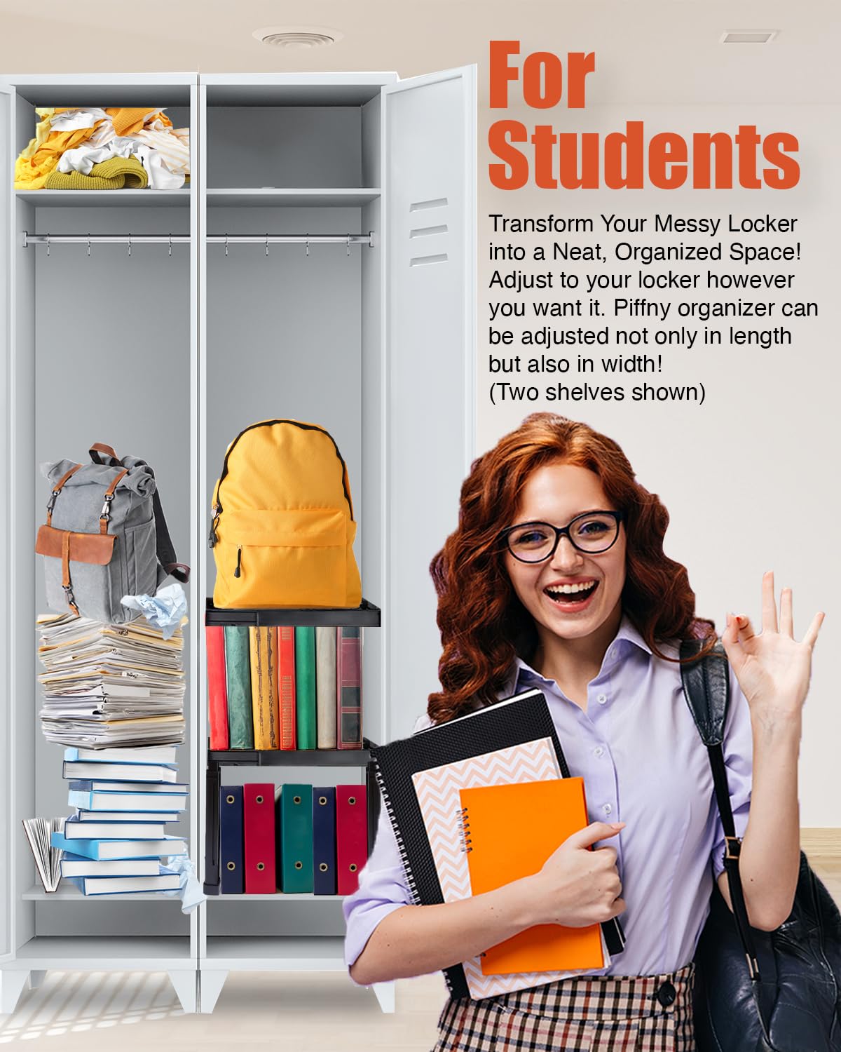Piffny Locker Organizer Shelf， Adjustable Width and Height, Stackable, Ideal Locker Shelf for School, Office, Gym Lockers, or Even Kitchen Cabinets & Under Sink Organization (White 1 Pack)