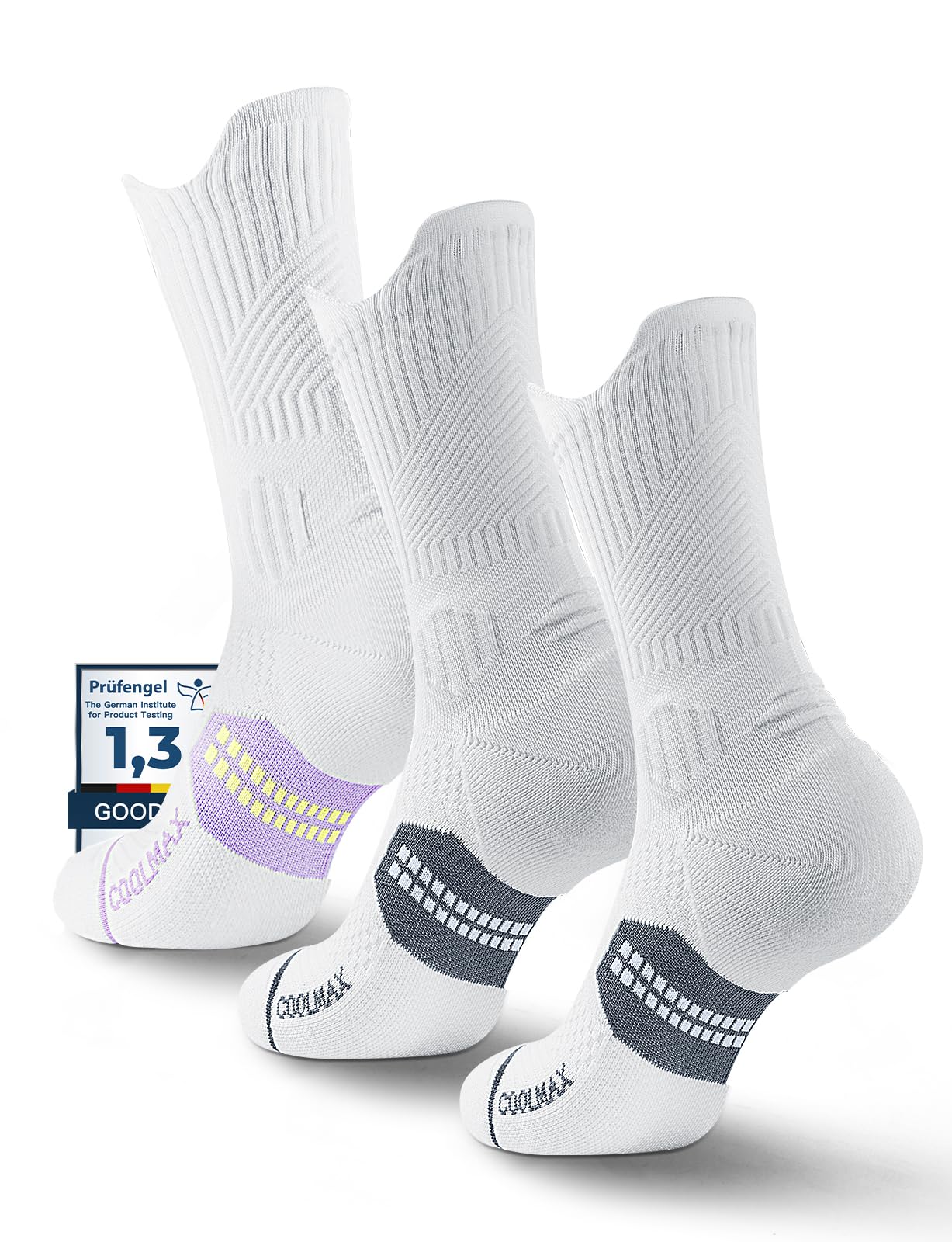 Juclise Bamboo Viscose Compression Running Crew Socks, Coolmax Moisture-Wicking Anti-Blister Hiking&Gym Athletic Socks (US, Alpha, Medium, Regular, Regular, Glacier White*2+Bright Lilac*1)
