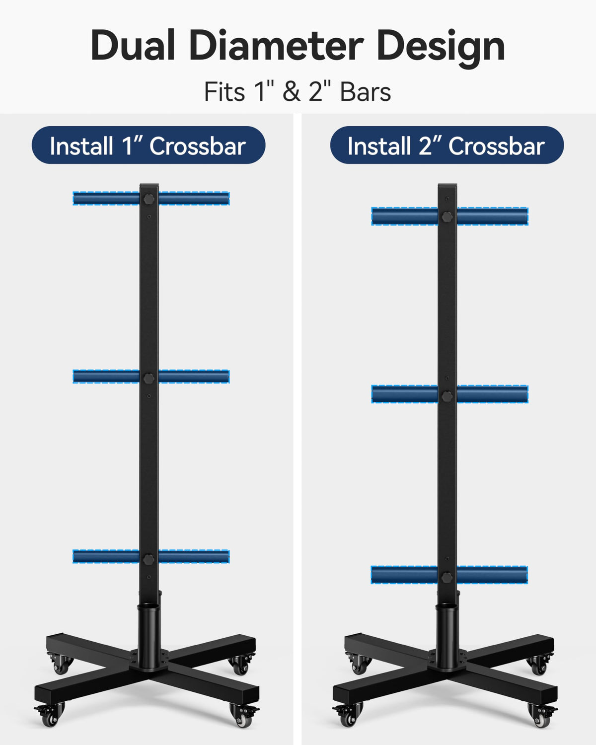 Movable Olympic Weight Plate Tree with 6 Metal Pegs, Fits 1" & 2" Weight Plates, Heavy Duty Storage Rack with Barbell Holders for Home & Garage Gym
