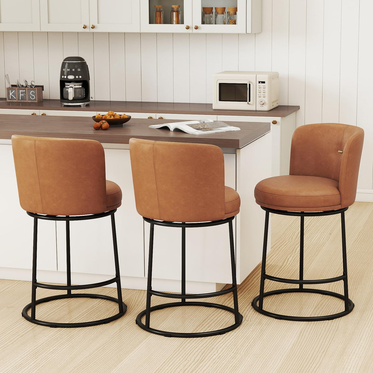 SAECKBERG Swivel Counter Height Bar Stools Set of 4, 26" H Modern Bar Stools for Kitchen Island Counter, Upholstered Barstools with Backs, Counter Height Chairs （Brown, Faux Leather）