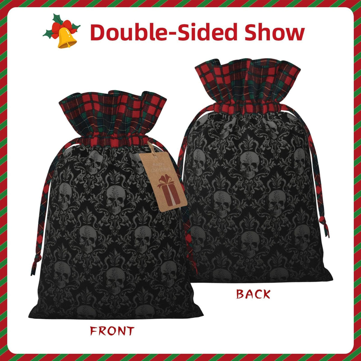 PVTIONXIE Gothic Black Skull Christmas Gift Bags with Drawstring, Reusable Gift Wrapping Bags For Xmas Holiday
