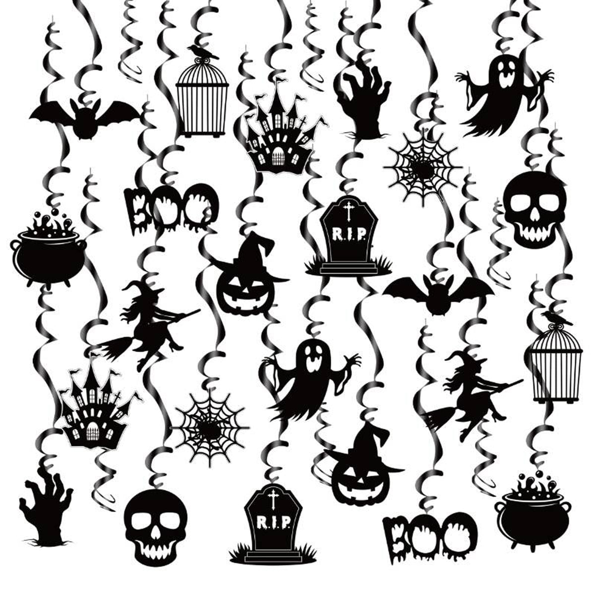 Halloween Hanging Swirls Decorations, LMSHOWOWO 30PCS Foil Hanging Ceiling Swirls Streamers with Black Spooky Ghost Witches Bat for Halloween Home Classroom Office Tree Door Porch Ceiling Decor