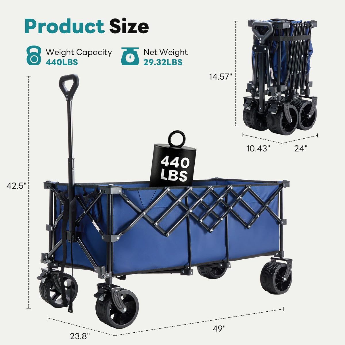 OLIXIS 49" Extra Long Folding Wagon Cart, 440LBS Heavy Duty Collapsible Wagon with Big All-Terrain Wheels, 250L Portable Outdoor Utility Cart for Shopping, Garden, Camping, Grocery, Sports - Blue