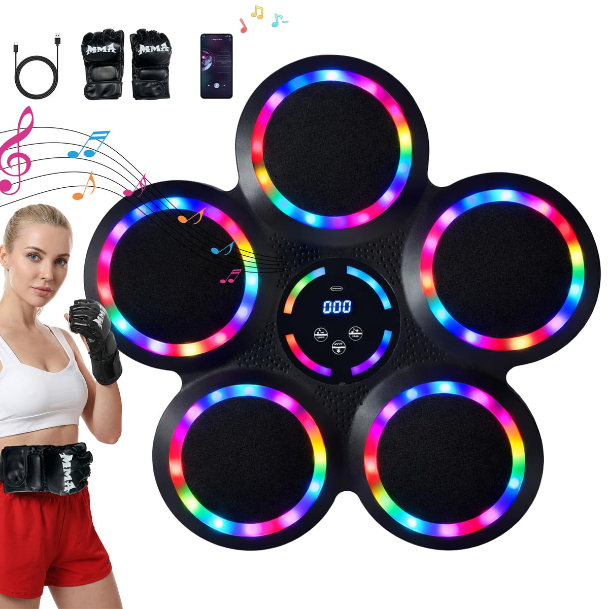 Music Boxing Machine, Smart Wall Mounted Music Punching Machine for Adults, Interactive Boxing Training Equipment with Gloves for Home, Office and Gym (RGB Light)