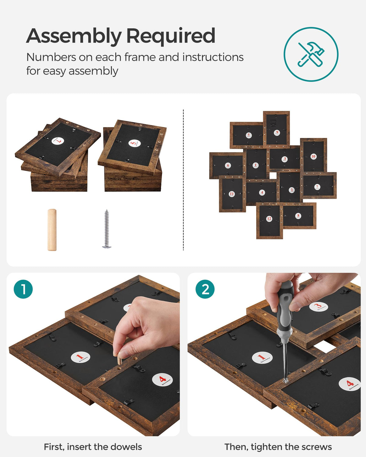 SONGMICS 4x6 Picture Frames Collage Wall Decor, 12-Pack Photo Collage Frame, Multi Picture Frame Set with Glass Front, Assembly Required, Rustic Brown URPF022X01