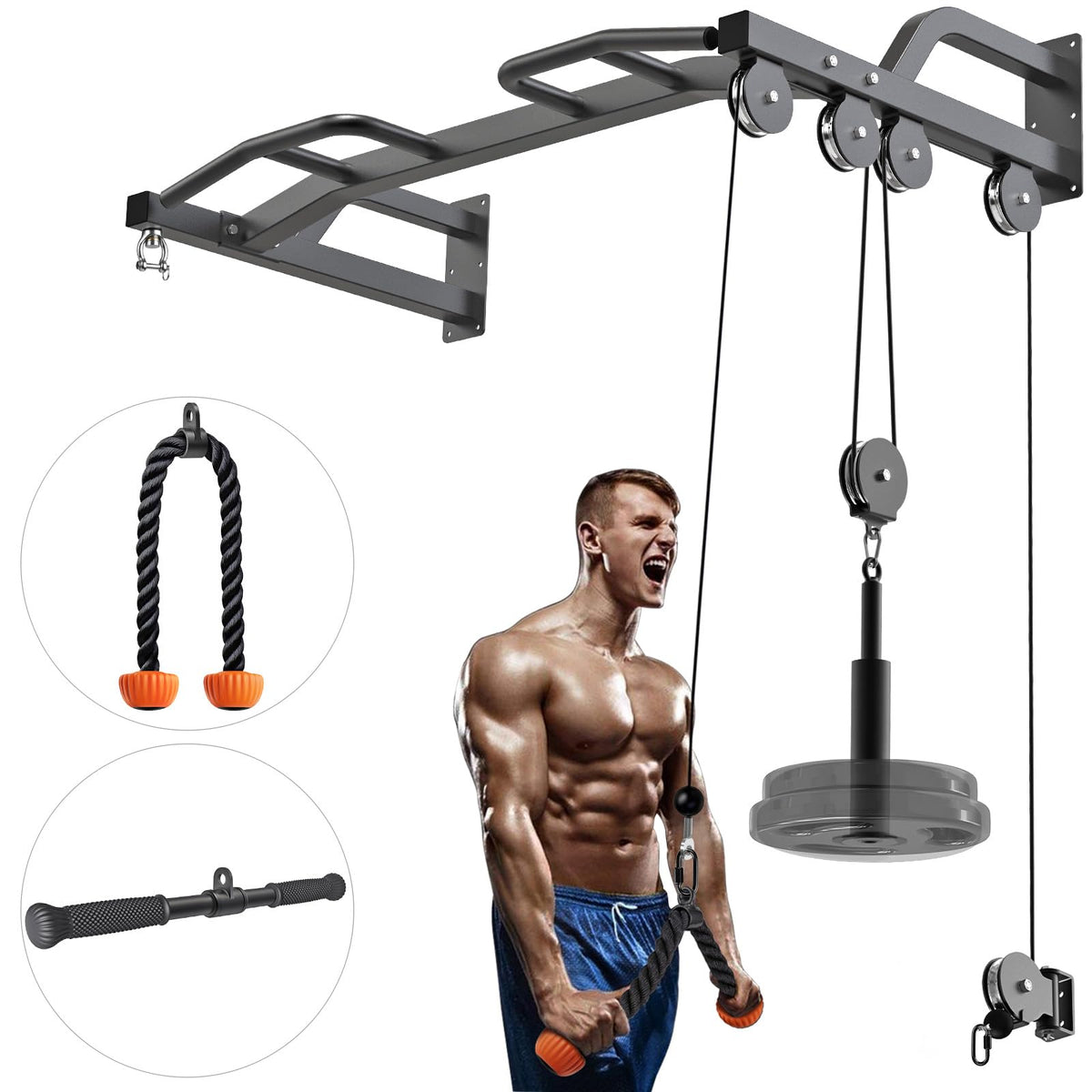 Kipika 48" Ceiling Mounted Pull Up Bar, Heavy Duty Multi-Grip Chin Up Bar,Mounted Pullup Bar, Adjustable Height, Pull Up Bands for Chin Ups & Body Stretching, Ideal for Home Gym and Strength Training (48" Cable Pulley System)