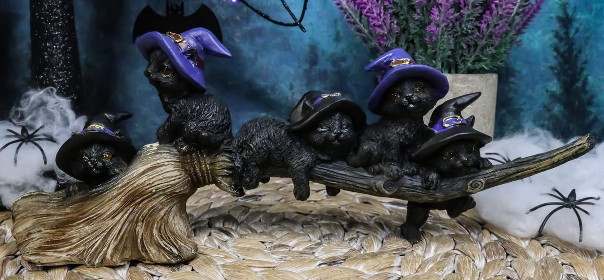 Ebros Gift Lifelike Witching Hour Halloween 5 Black Cats with Witch Hat Riding Long Magical Broomstick Figurine with Glass Eyes Witches Wicca Occult Feline Kittens Decor Figurine