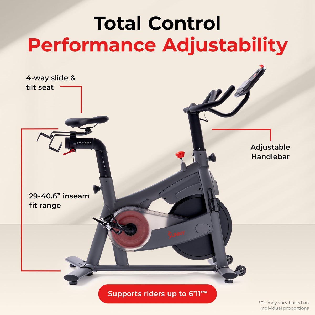 Sunny Health & Fitness Excel 500 Smart Indoor Cycling Bike, 40LB Flywheel Stationary Cardio Exercise Equipement, Free SunnyFit App Connection- SF-B124069