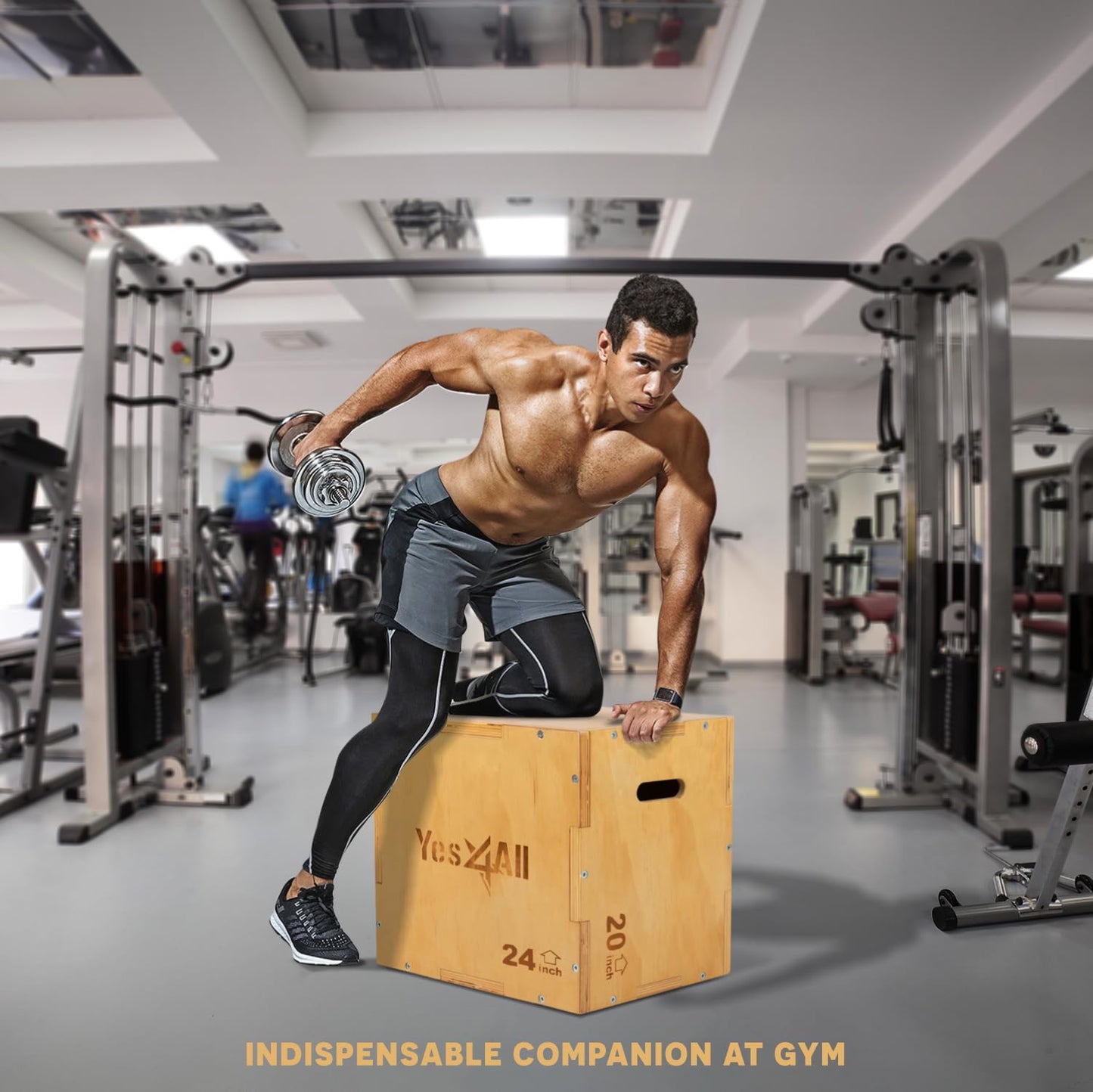 Yes4All Plyo Box, 3-in-1 Wooden Box Jumps for Home Gym, 450 lbs, Step Up with Smooth Edges & Wide Built-in Handles for Jumping, Strength Training, Lunges, Squats, Dips, Natural Wood
