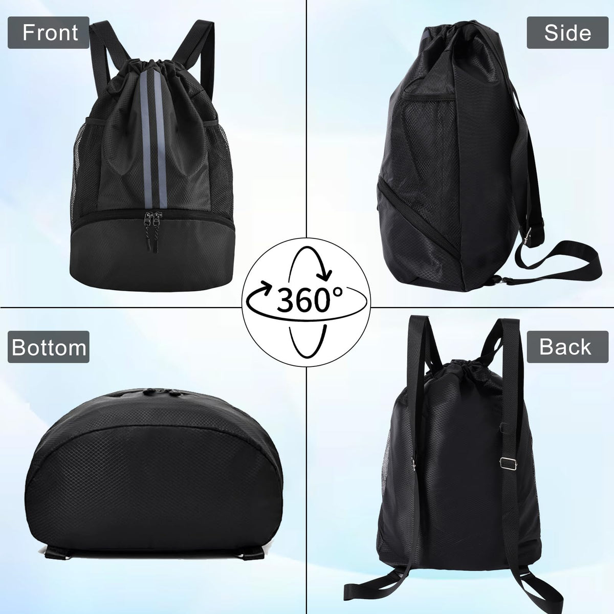 YEVOPOU Sports Drawstring Backpack with Shoes Compartment, String Gym Bag with Wet Proof Pocket for Basketball, Soccer, Swim, Black Sport Bag for Men and Women