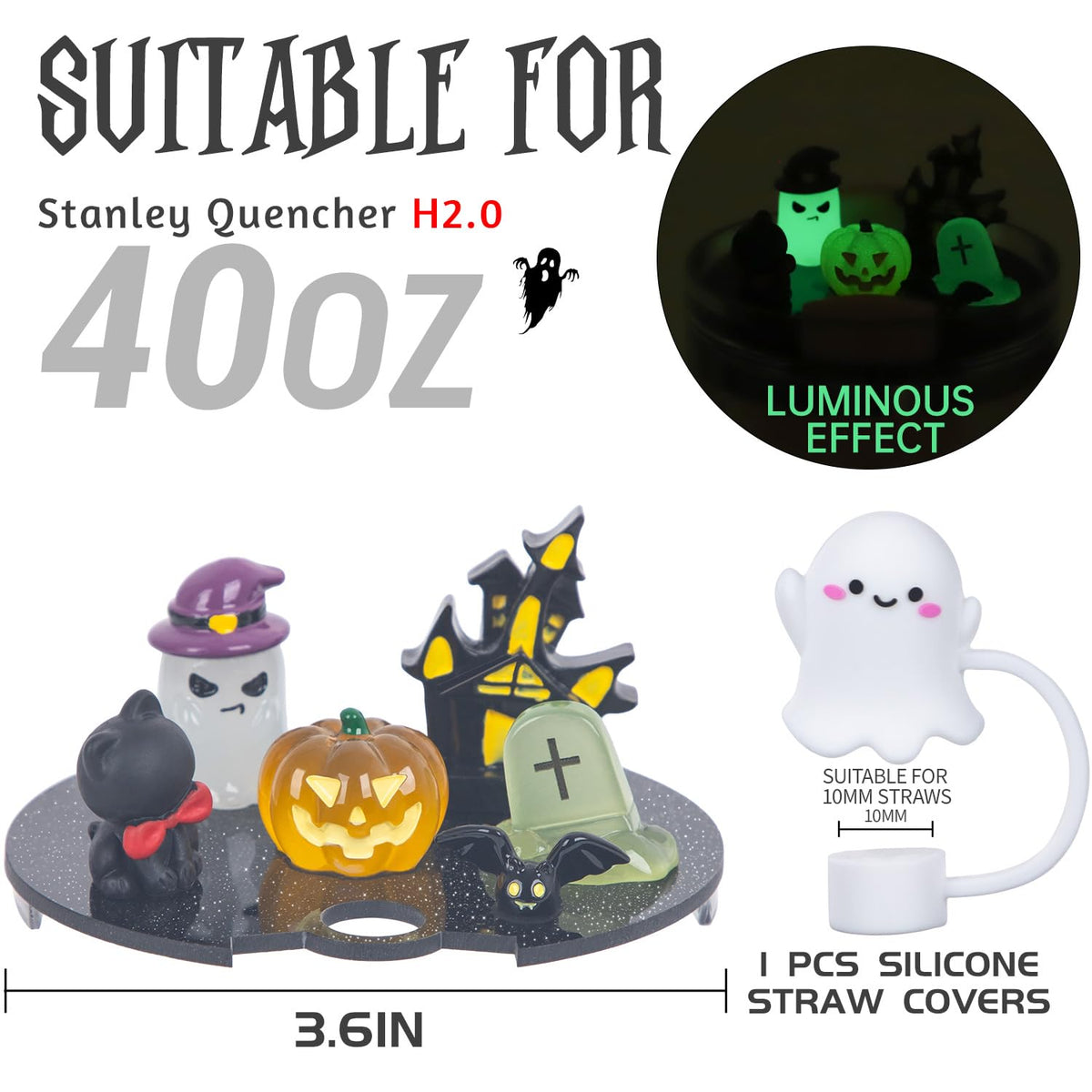JUNIQUTE Compatible with Stanley Cup Lid Accessories Charms, Charms for Stanley Cups H2.0 Accessories 30oz 40oz with Silicone Straw Cover Cap for Tumblers (Halloween, 40)