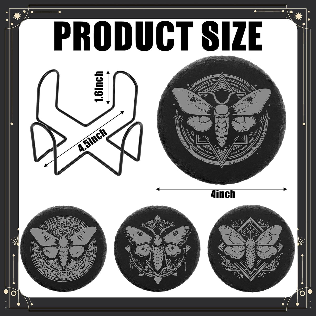 Hushee 4 Pcs Gothic Moth Slate Coasters Set, 4 Inch Laser Engraving Stone Black Round Coasters with Anti-Scratch Bottom and Storage Holder, Gothic Gift Home Decors for Kitchen Bar Office Dinner Table