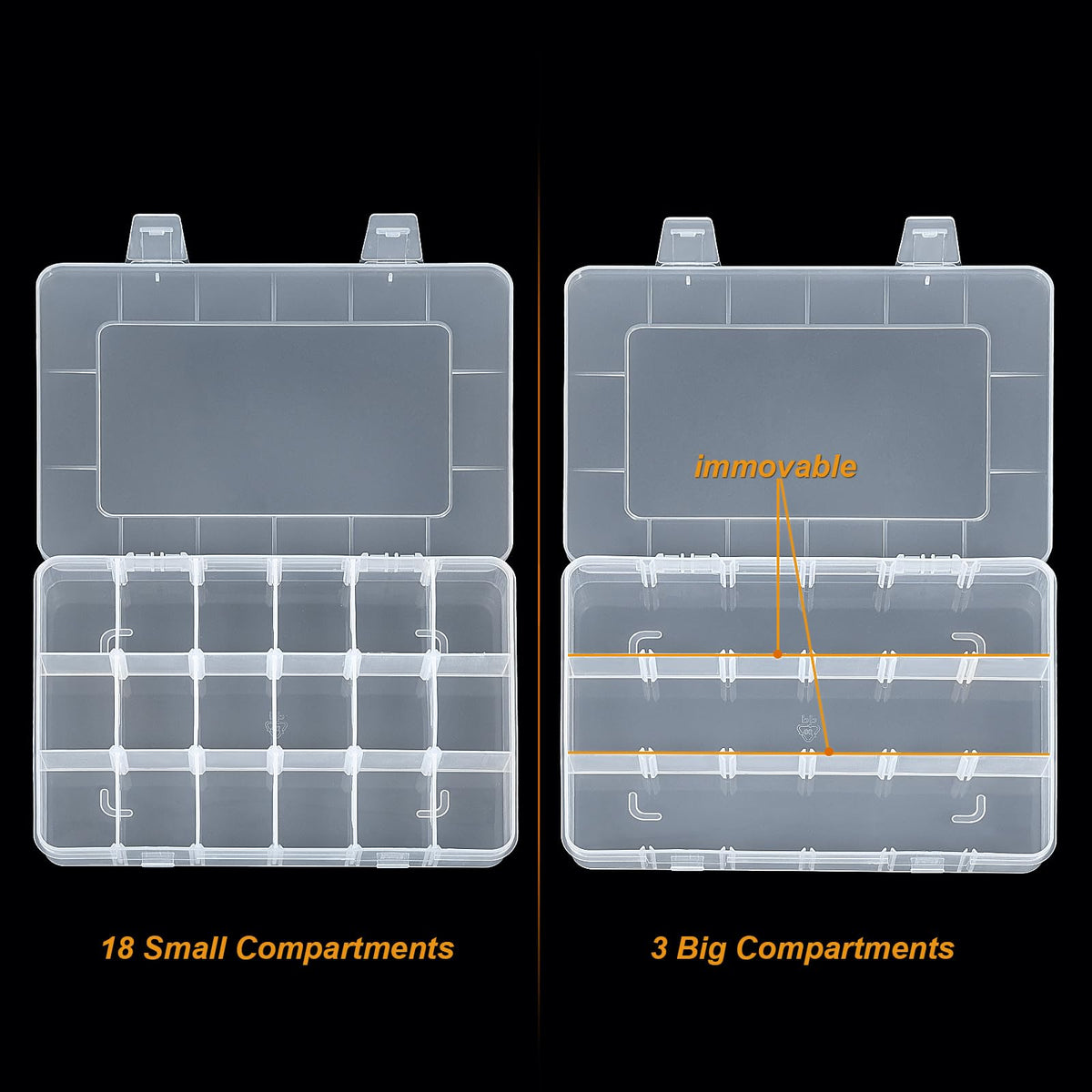 CGCG 3 Pack 7.9 x 5.8 inch Plastic Organizer Box with Adjustable Dividers 18 Grids Clear multi Compartment Storage Container Small Case for Beads Crafts Jewelry Fishing Tackles nail charm sticker