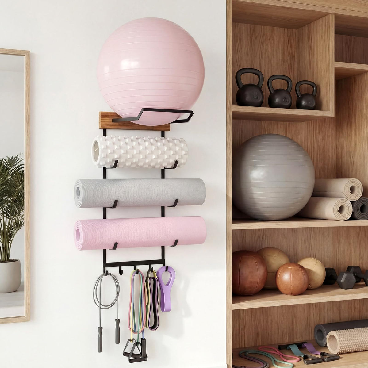 Geelin Yoga Mat and Ball Holder Wall Mount, 4-Tier Yoga Mat & Ball Storage Rack, Home Gym Organizer, Black Metal Floating Shelf for Hanging Foam Rollers & Resistance Bands(5 Hooks Style,Wood Color)