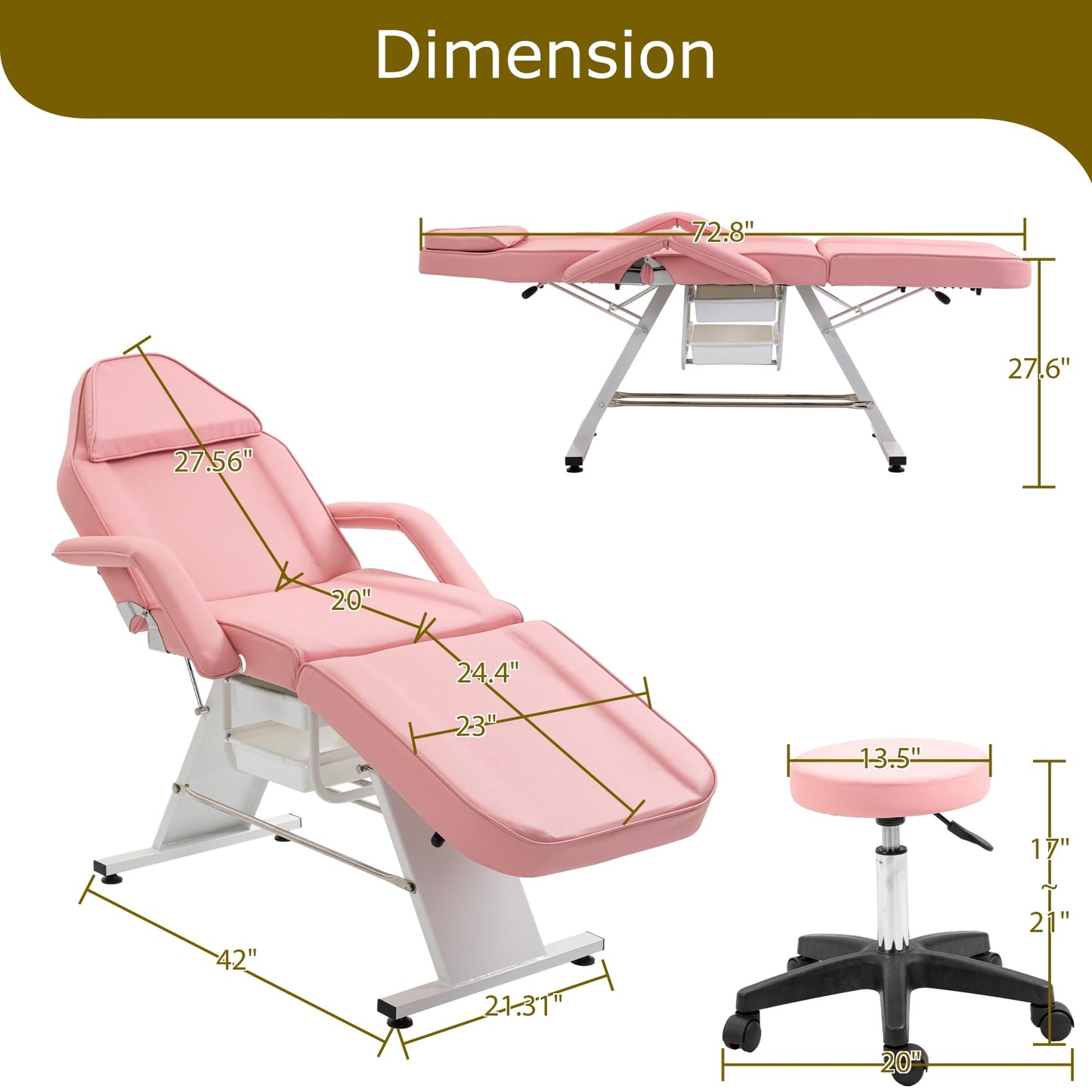 hereyova Massage Salon Chair with Two Trays Esthetician Bed with Hydraulic Stool,Multi-Purpose 3-Section Facial Bed Table, Adjustable Beauty Barber Spa Beauty Equipment, Pink