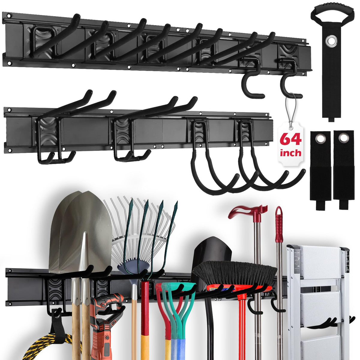 SEDY 64" Heavy Duty Garage Storage Tool Organizer Wall Mount - Tool Rack with Adjustable Hooks, Anti-Rust, 300lbs Capacity - Easy Installation (4 Racks, 10 Hooks, 3 Straps)