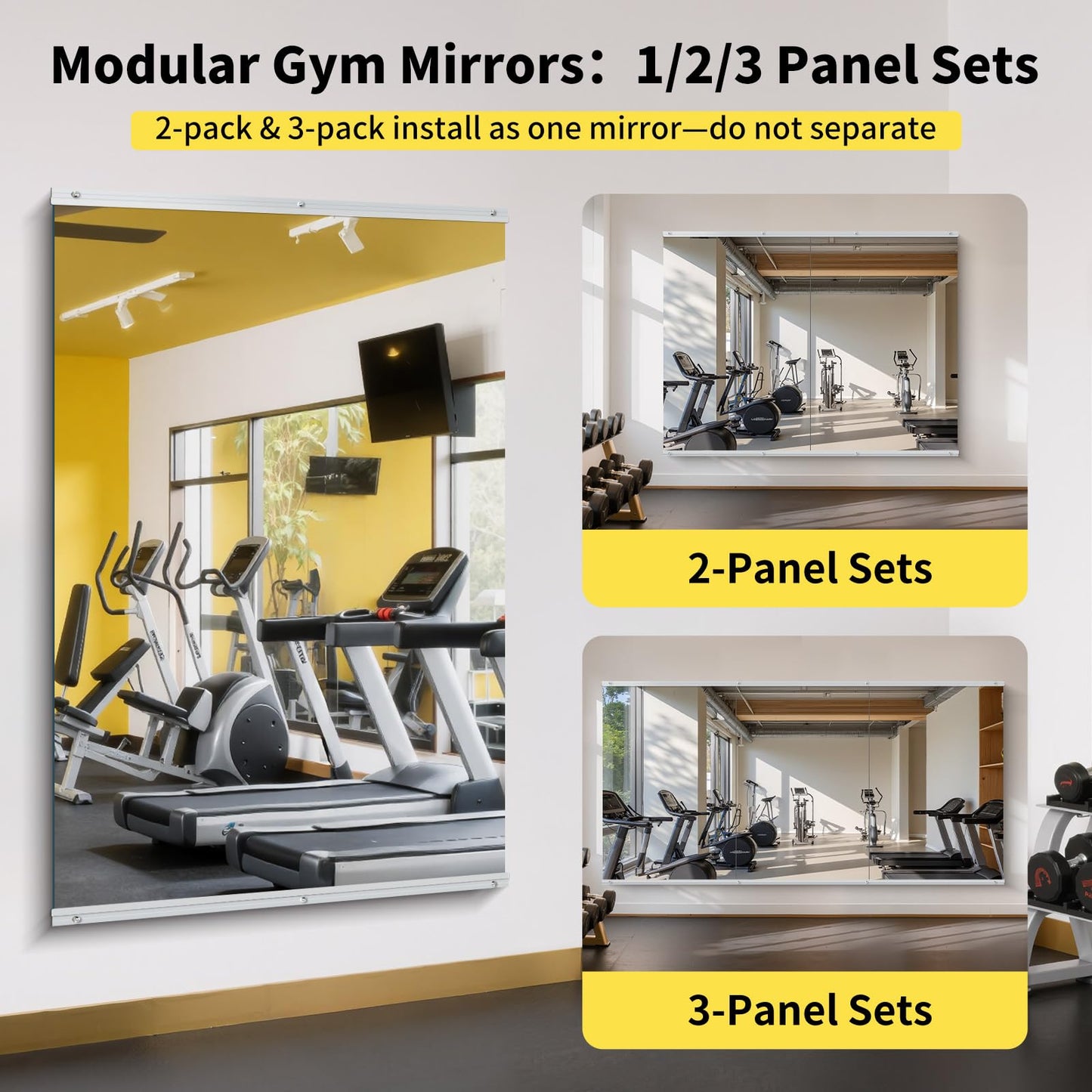 InfiniGlass Home Gym Mirror - 80x40 Inch,3PCS Frameless Tempered Glass Full Body Mirror for Wall Mount - Ideal for Yoga, Workout, Bedroom, Dance Studio (Silver)