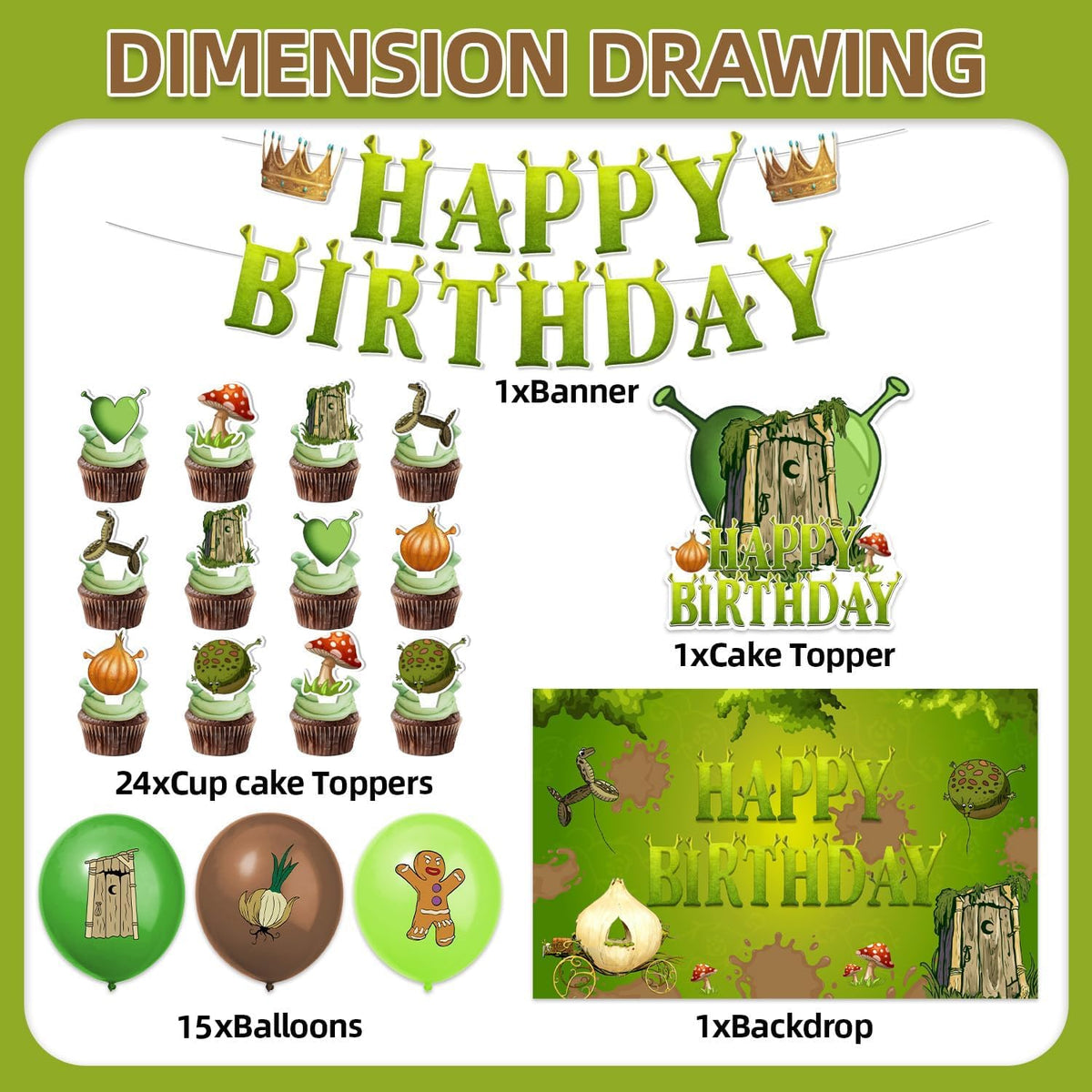 42pcs Green Monster Birthday Party Decorations Includes Cake Toppers,Cupcake Toppers, Banner, Backdrop, Balloons - Green Monster Theme Party Supplies