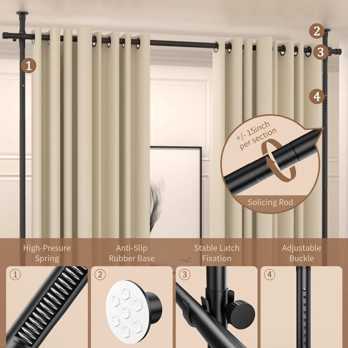 Room Divider Curtain Rod, No Drilling Room Separator for Space Partition Adjustable 4-10ft(H) 28-70inch(W) Heavy Duty Temporary Wall Divider Floor to Ceiling Tension Rod, Black