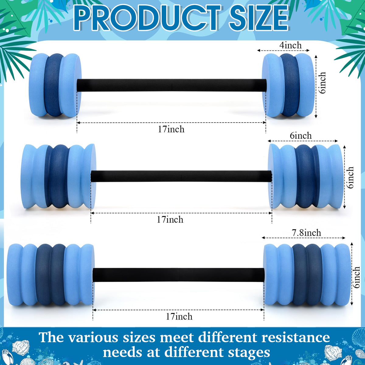 Soulchen Swim Barbells Set of 3, 25'' 29'' 33'' EVA Foam Water Aerobic Weights Resistance Exercise Barbell Pool Barbell Waters Dumbbell for Pool Exercise Strength Training Workouts Loss(Blue Gray)