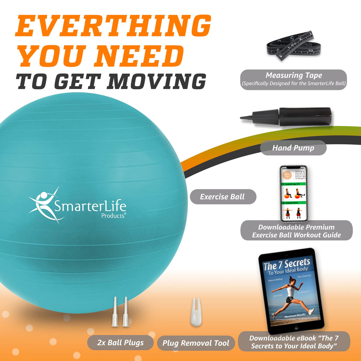 SmarterLife Exercise Ball Yoga Ball for Fitness, Balance, Stability, or Pregnancy, Gym Ball for Core Workout, Physical Therapy, Yoga Ball Chair for Office, Anti-Slip Anti-Burst (45cm, Turquoise)