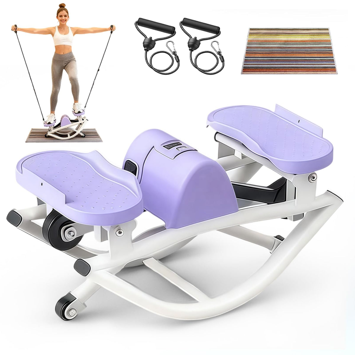 Flexella Rock Stepper, Side to Side Rocking Stepper Exercise Machine for Balance at Home, Low-Impact Lateral Stair Stepper with Resistance Bands & Digital Counter, 250 LBS Weight Capacity (Purple)