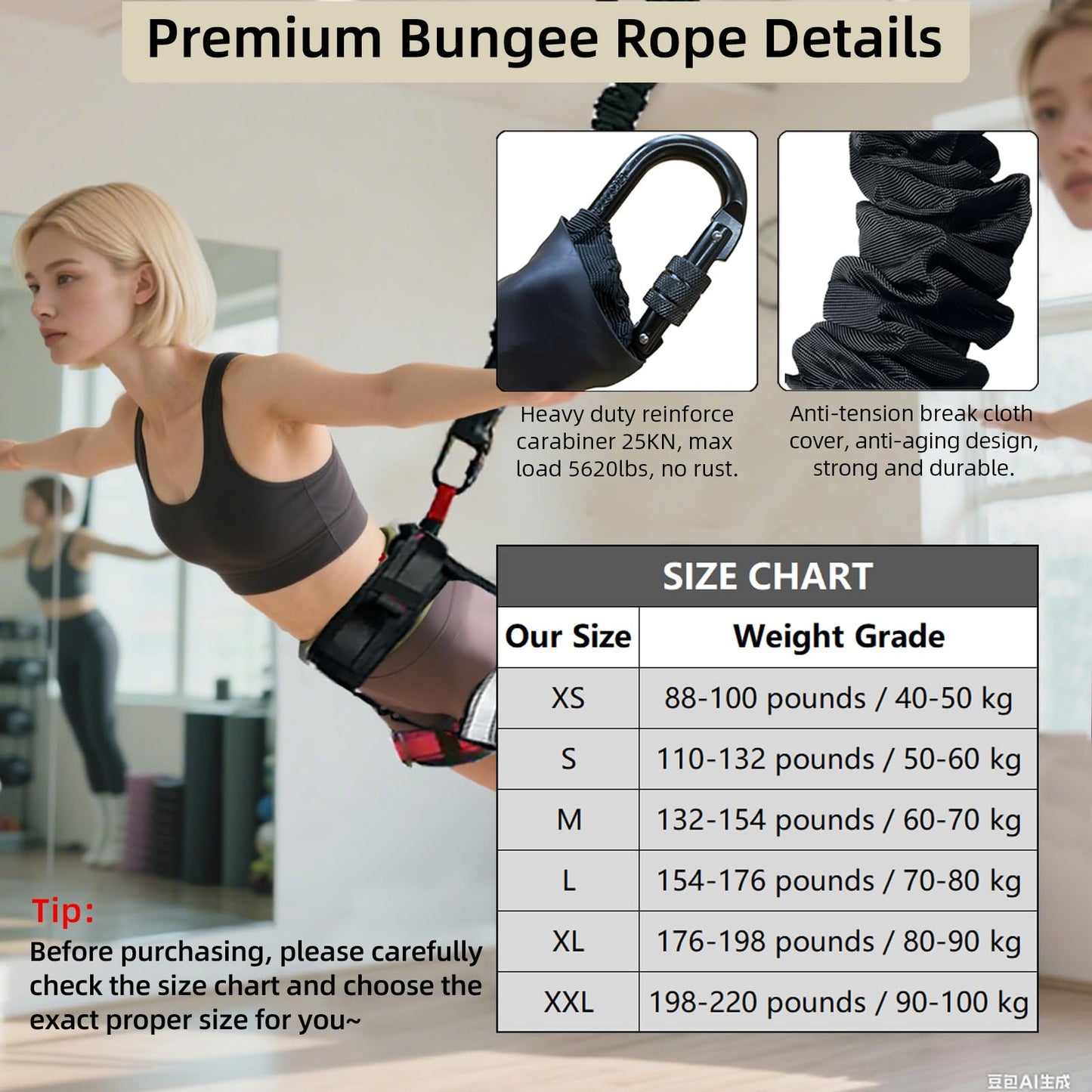PRIORMAN Professional Bungee Dance Fitness Kit, 6 Sizes, CE Certified Complete Harness Set with Resistance Band & Hanging Hardware for Suspension Training Home & Studio(XS)