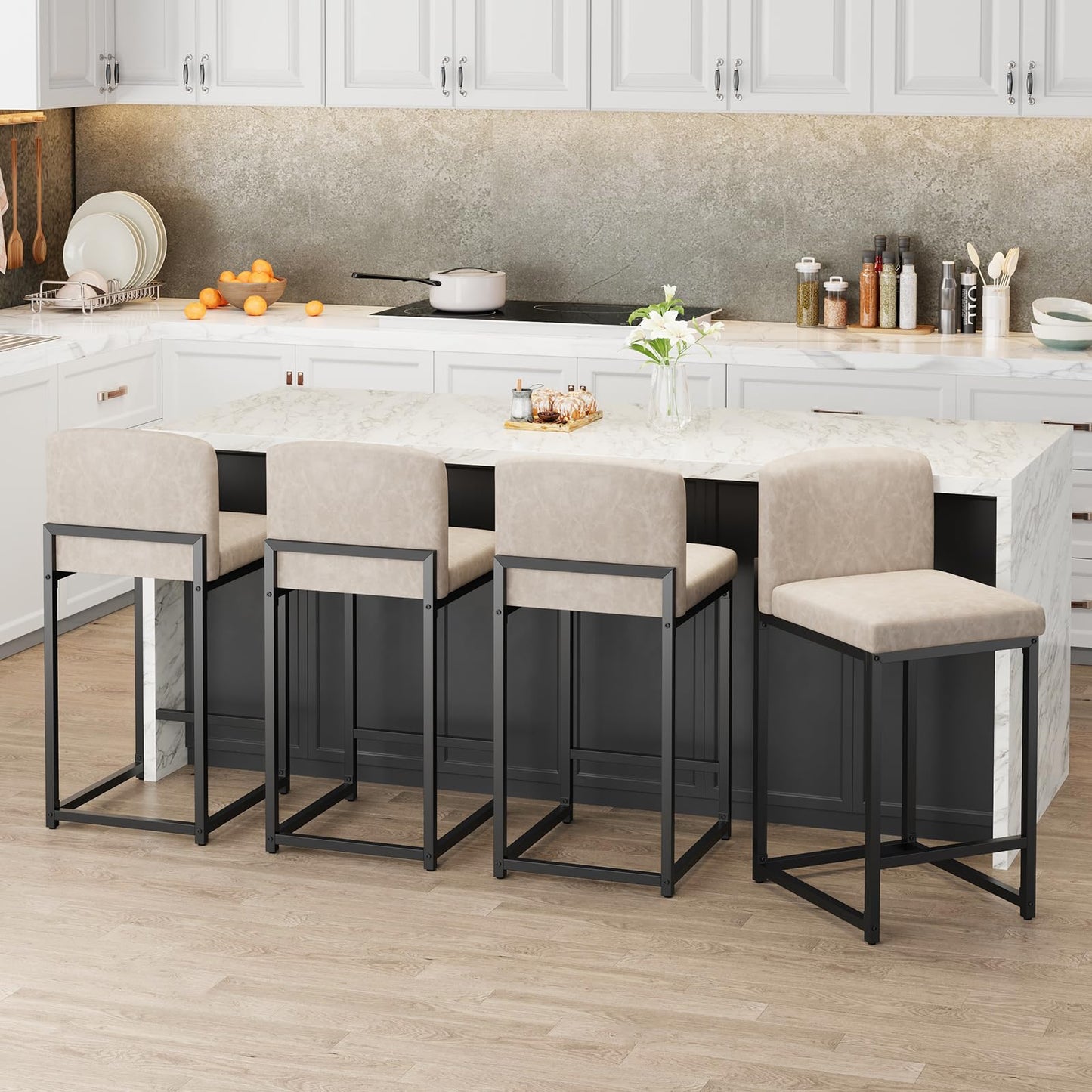 IDEALHOUSE Modern Bar Stools Set of 4, PU Leather Counter Height Barstools with Back, Upholstered Bar Chairs for Kitchen Island & Home Bar, Metal Frame, Beige