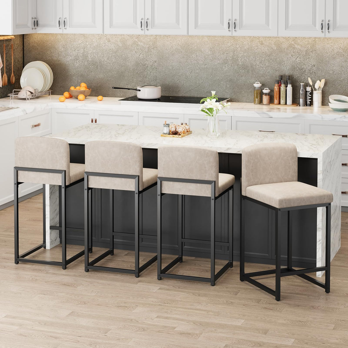 GarveeHome Bar Stools Set of 6, Modern Counter Height Bar Stools with Back and Footrest, Faux Leather Upholstered Barstools Chairs for Kitchen Island Dining Room Bar, Beige