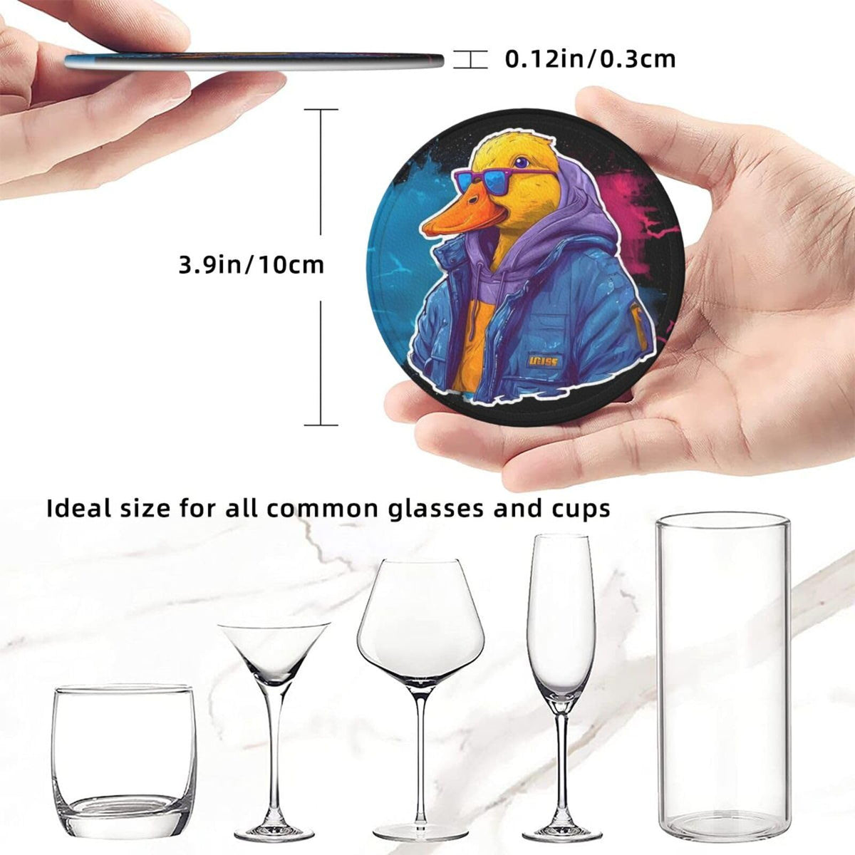 BOXIMIAO Drink Coasters with Holder Stand Set of 6, Cute Cyberpunk Duck Pu Leather Absorbent Coasters with Cork Base Table Coaster Round Coasters for Housewarming Apartment Kitchen Bar Decor