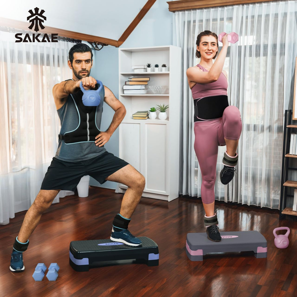 Aerobic Stepper Set with Dumbbells & Measuring Tape, Adjustable Height 2 Level Risers Workout Exercise Step Platform, Pink Grey, the Ultimate Gift for a Joyful Holiday and Merry Christmas