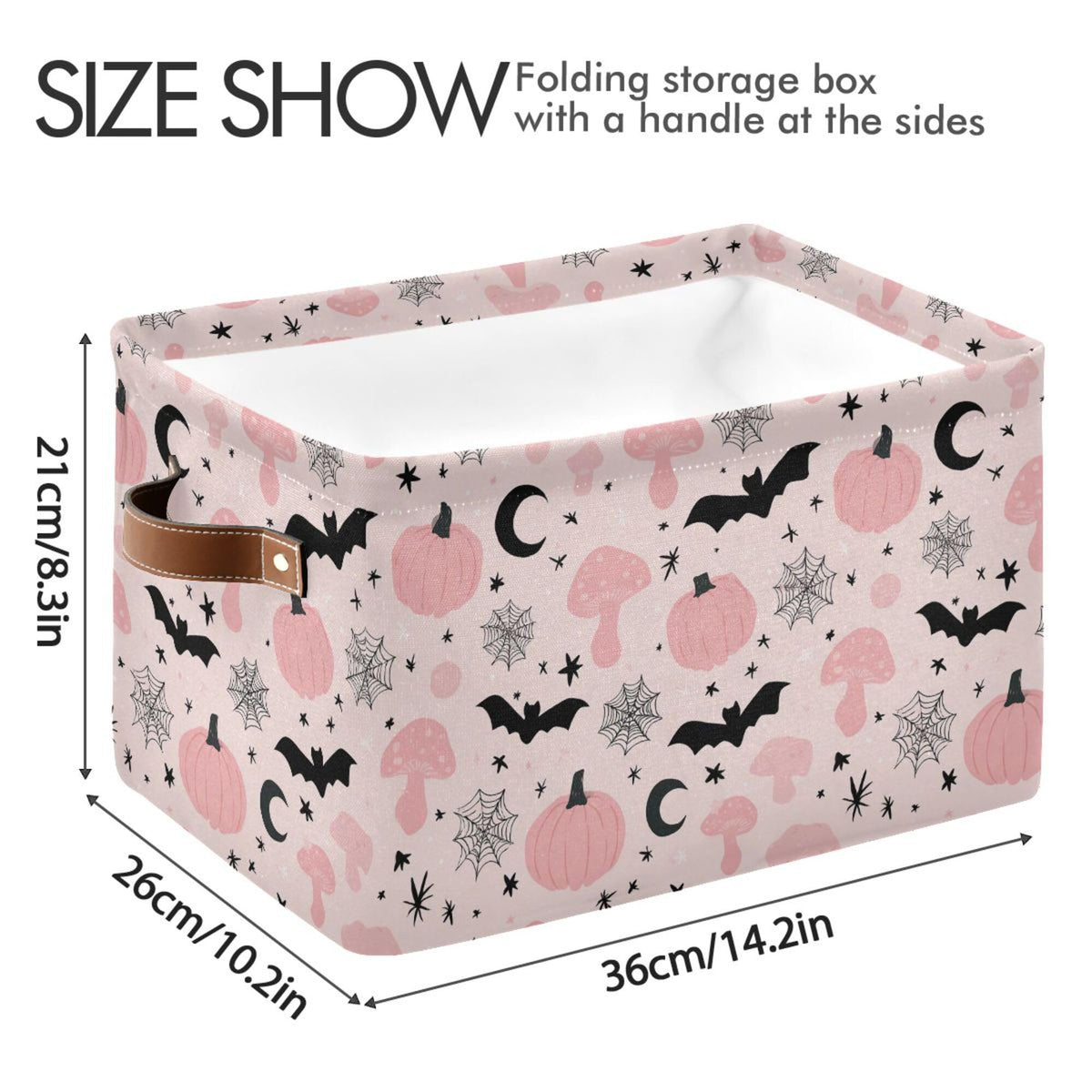 Happy Halloween Pink Storage Basket with Waterproof Liner and PU Handles Pumpkin Bat Moon Mushroom Storage Bins Boxes 14.2" Collapsible Decorative Organizer Baskets for Bedroom Closet Office 1 Pack