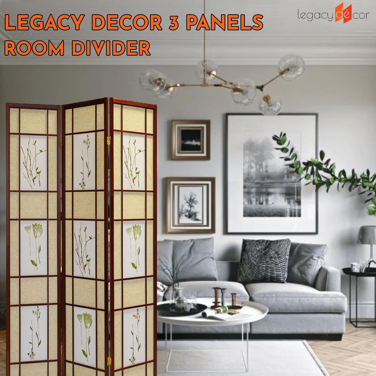 Legacy Decor Room Divider Screen - Freestanding Folding Privacy Screen, Pine Wood Indoor Room Partition, Botanical Floral Wall Divider for Bedroom, Office, Studio, 71 Inch Tall, Cherry - 4-Panel